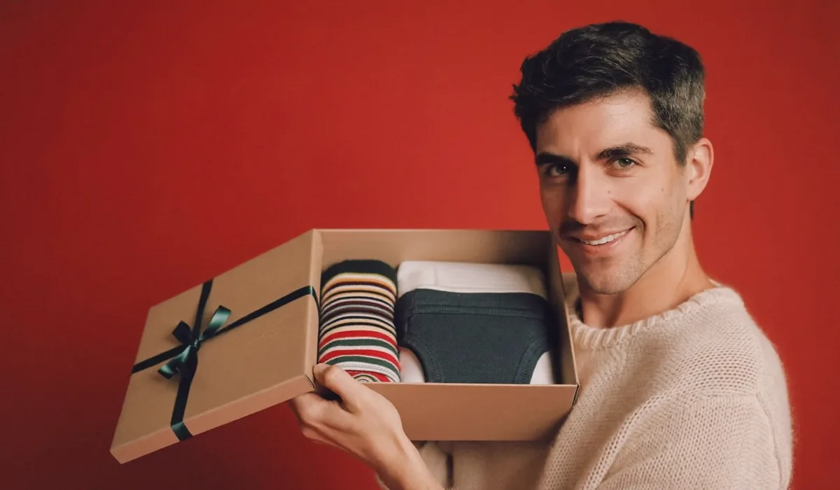 Lachende man in een gebreide trui met een cadeaudoos vol sokken en boxershorts