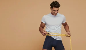 Lachende man meet zijn taille op met een meetlint