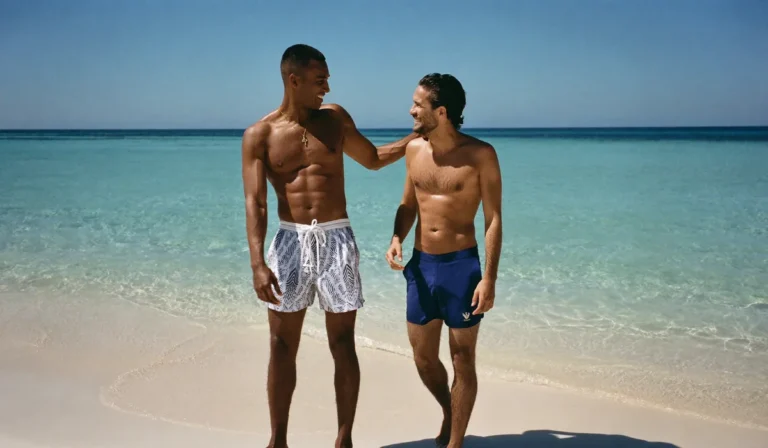Twee lachende mannen op het strand, de ene in een ruime zwemshort, de andere in een strakke zwemshortort